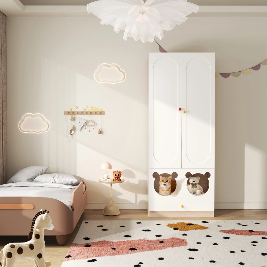 Armadio con 2 ante, appendiabiti, ripiani e cassetti laccati per cameretta, MDF bianco naturale, 80 × 50 × 200 cm