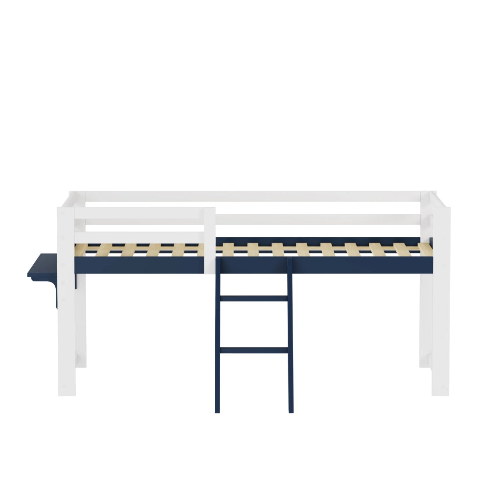 Letto a soppalco per bambini 90x200 cm in legno massello di pino, letto per bambini con sistema anticaduta, scaletta fissa e tavolino contenitore, ret