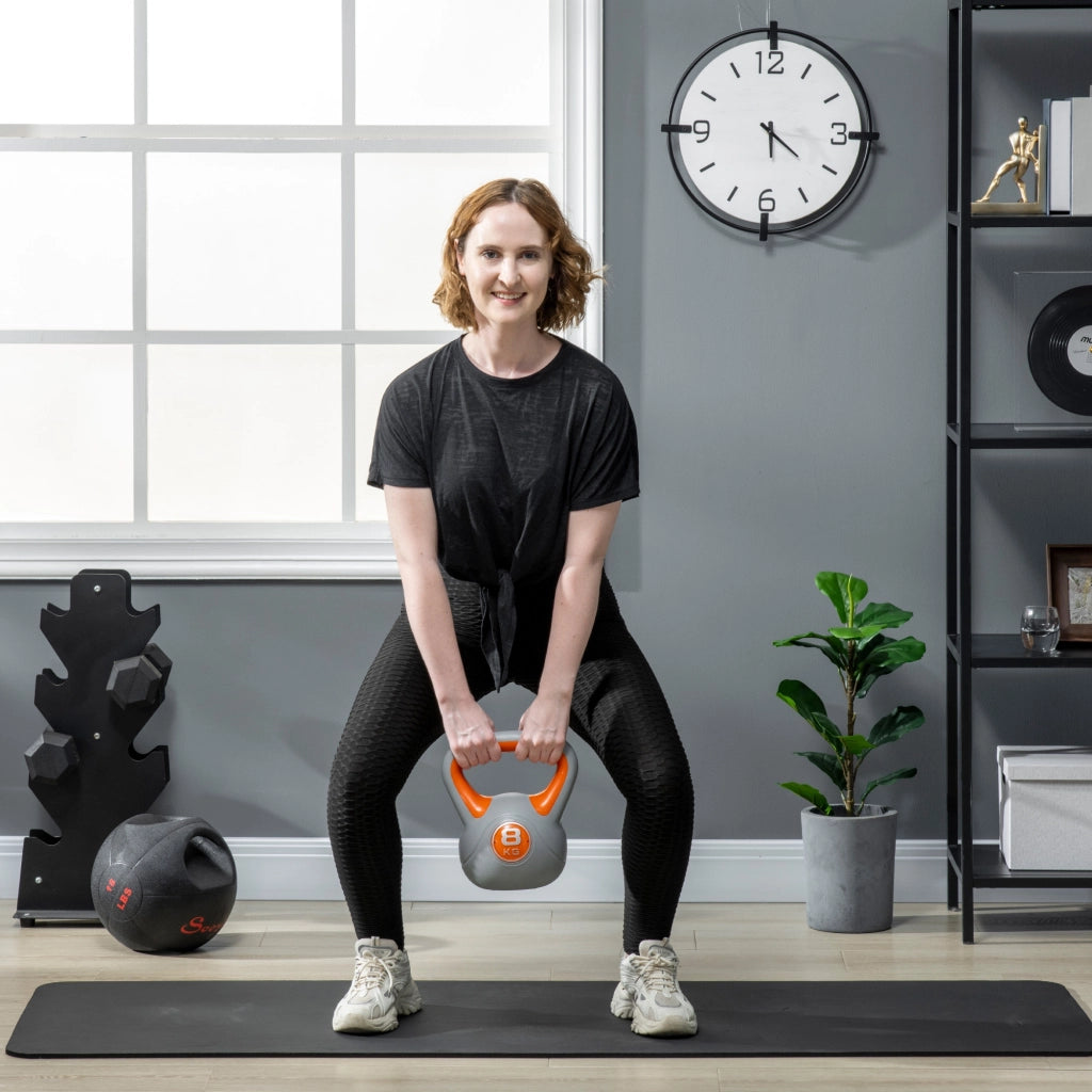 EasyComfort Kettlebell 8kg in PU e Sabbia con Base Piatta e Impugnatura per Stacchi, Squat e Sollevamenti, 20x14x24 cm, Arancione