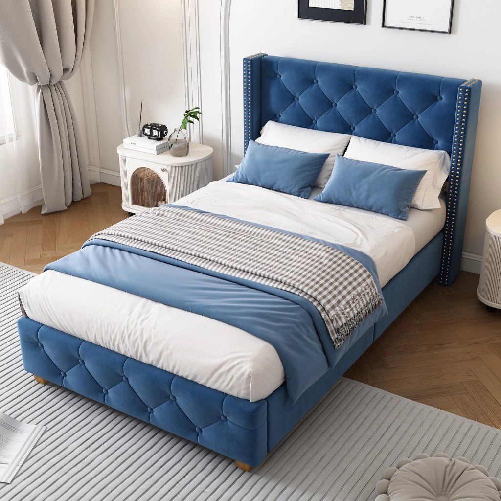 OKWISH Letto Bambino 90×200 cm, Letto Singolo con Testiera Imbottita, Borchie Decorative e Piedini in Legno, senza Materasso, Velluto, Blu