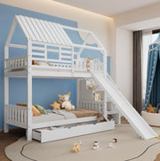 Letto a castello a forma di casetta con scivolo, scala con contenitore e cassetti