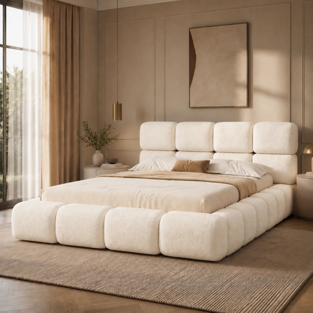 letto imbottito bouclé bianco 228 x 203 cm