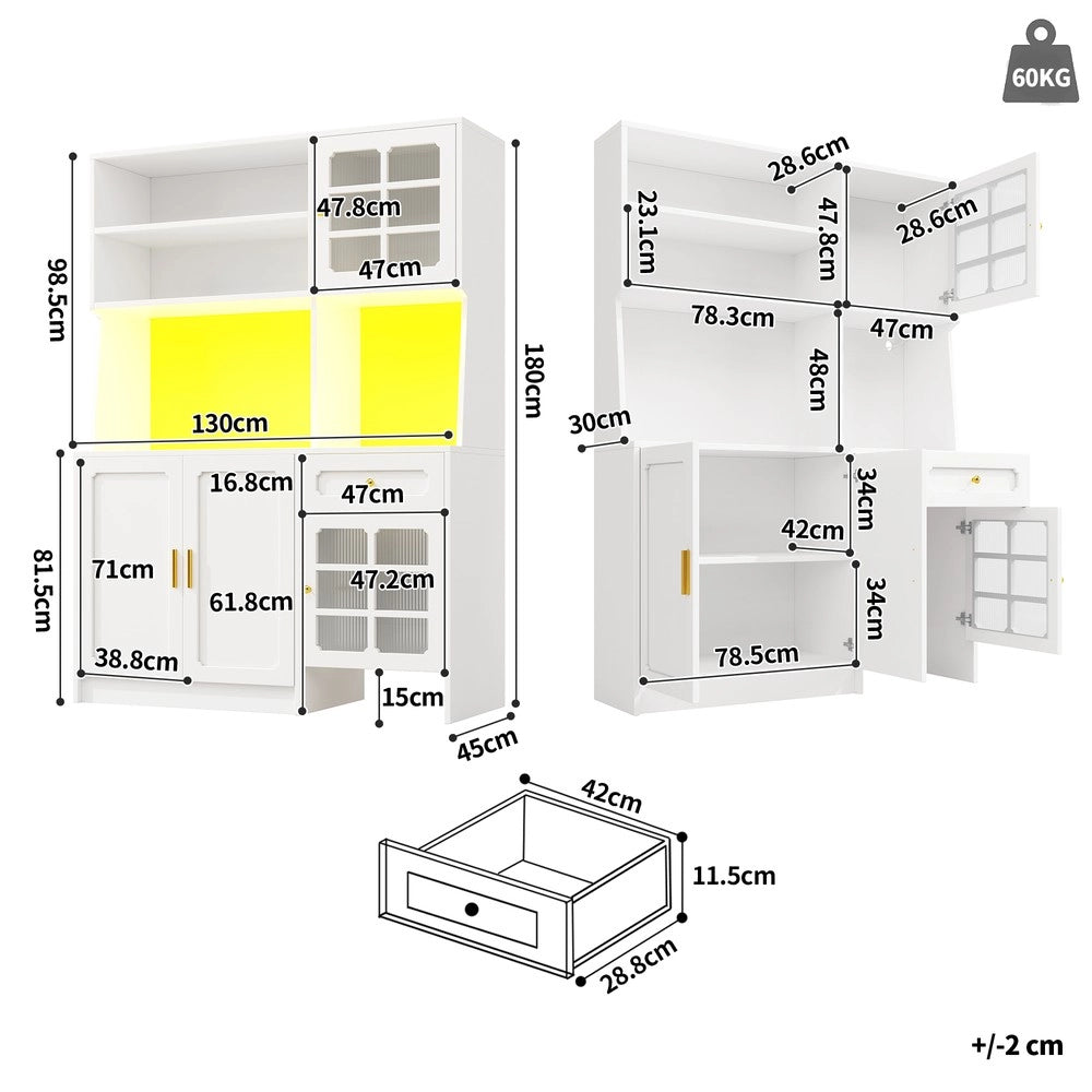 Mobile Cucina con Ante in Vetro e LED ¨C Xylo ¨C Bianco, 130x45x180 cm
