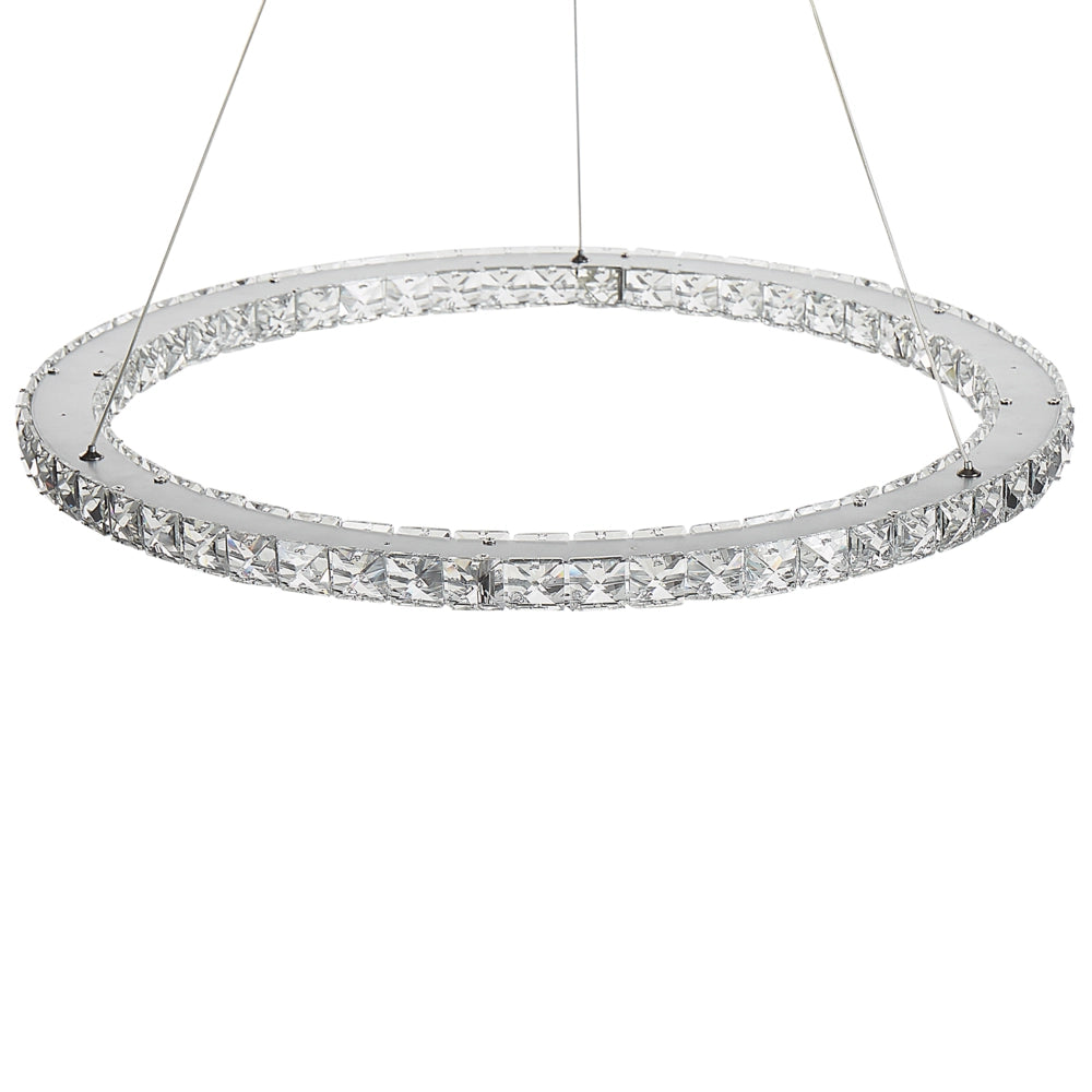 Lampada a Sospensione Argento Cristallo Vetro Acciaio Luci LED Integrate Anello Forma Rotonda Appeso Illuminazione Glamour Moderna