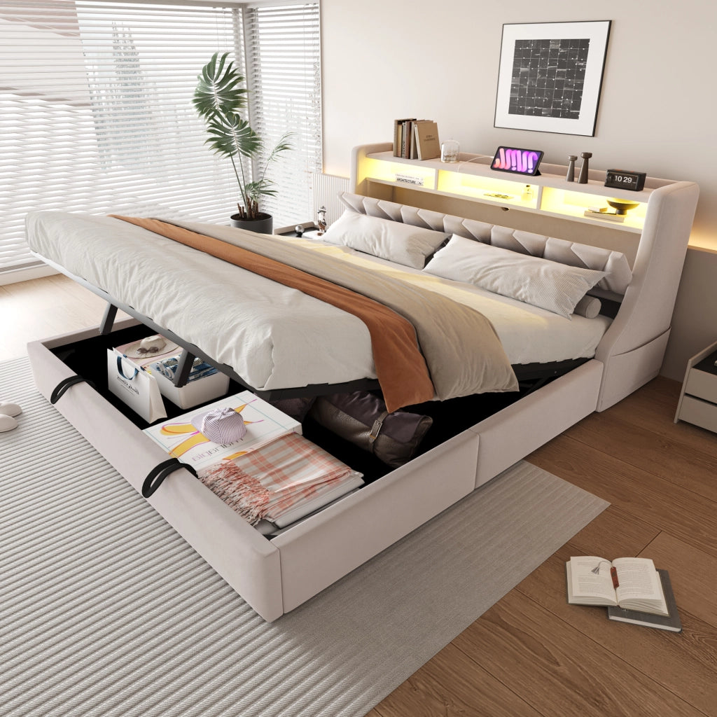Letto matrimoniale contenitore 180x200 cm con testiera ribaltabile; prese; LED e piedi maggiorati; velluto beige