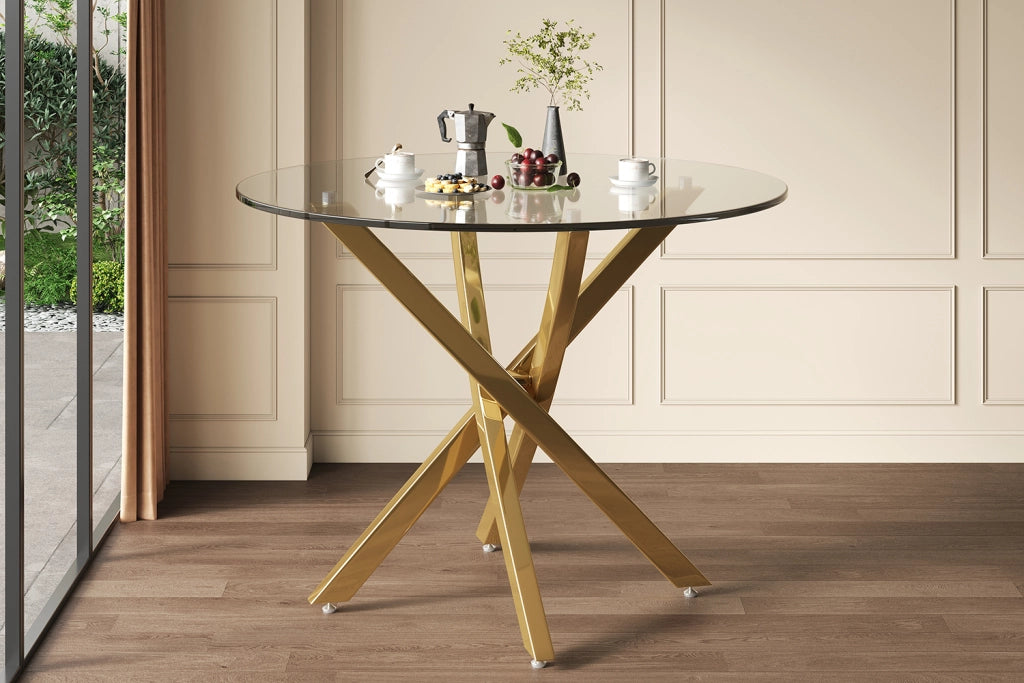 Tavolo rotondo in vetro temperato 80 cm, struttura color oro, design moderno con base a croce