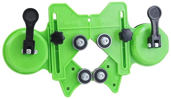Guida per foro con regolazione - Set per foro per ceramica - Morsetto con piede aspirante - Materiale ABS tecnico - 4 cuscinetti rimovibili - Lunghezza di apertura 4-83 mm - Foro a foro