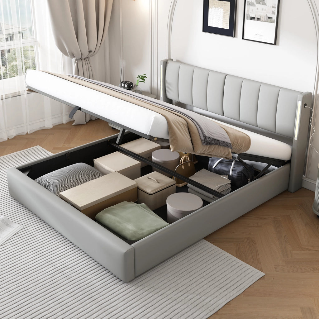 LETTO Imbottito 180x200 cm PU Grigio con LED USB e contenitore
