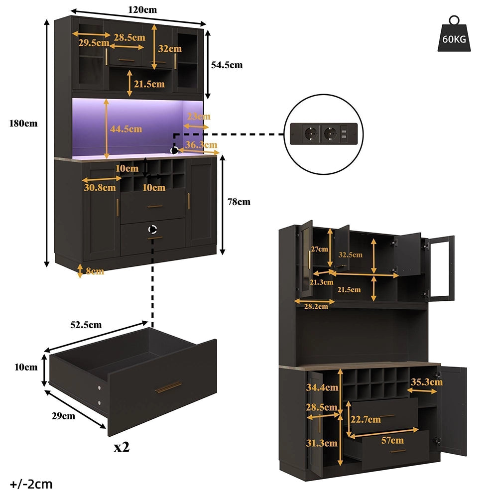 Armadio laterale per cucina - Xylo - 120x36,3x180 cm - Nero/Bianco - Illuminazione LED e presa di corrente