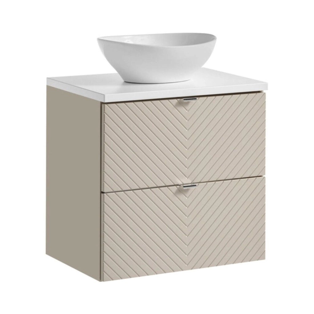 Set bagno AOKI: mobile sottolavabo con cassetti 60cm + piano lavabo bianco + lavabo bianco rotondo da appoggio