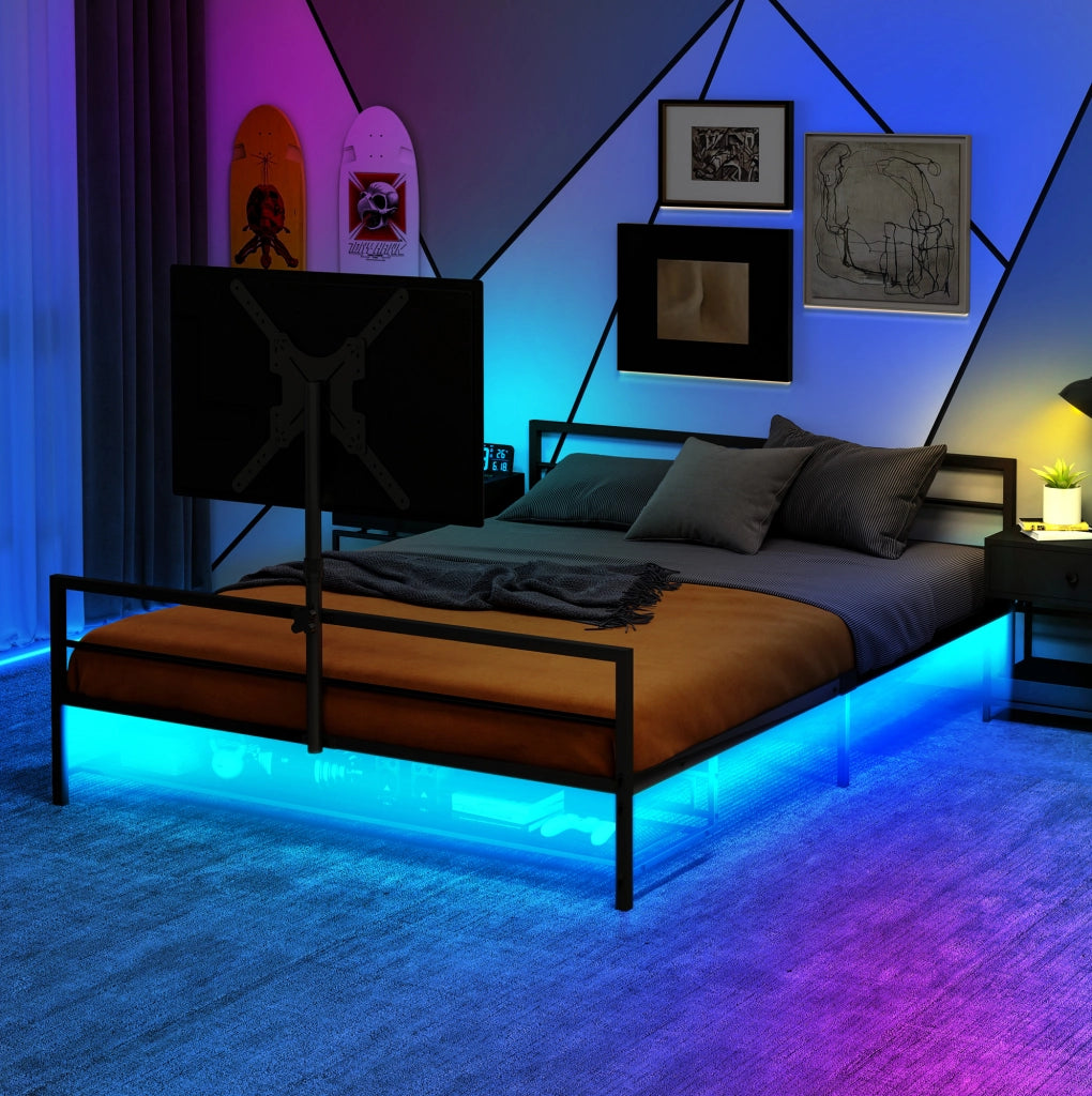 Letto gaming con supporto regolabile e LED in ferro nero