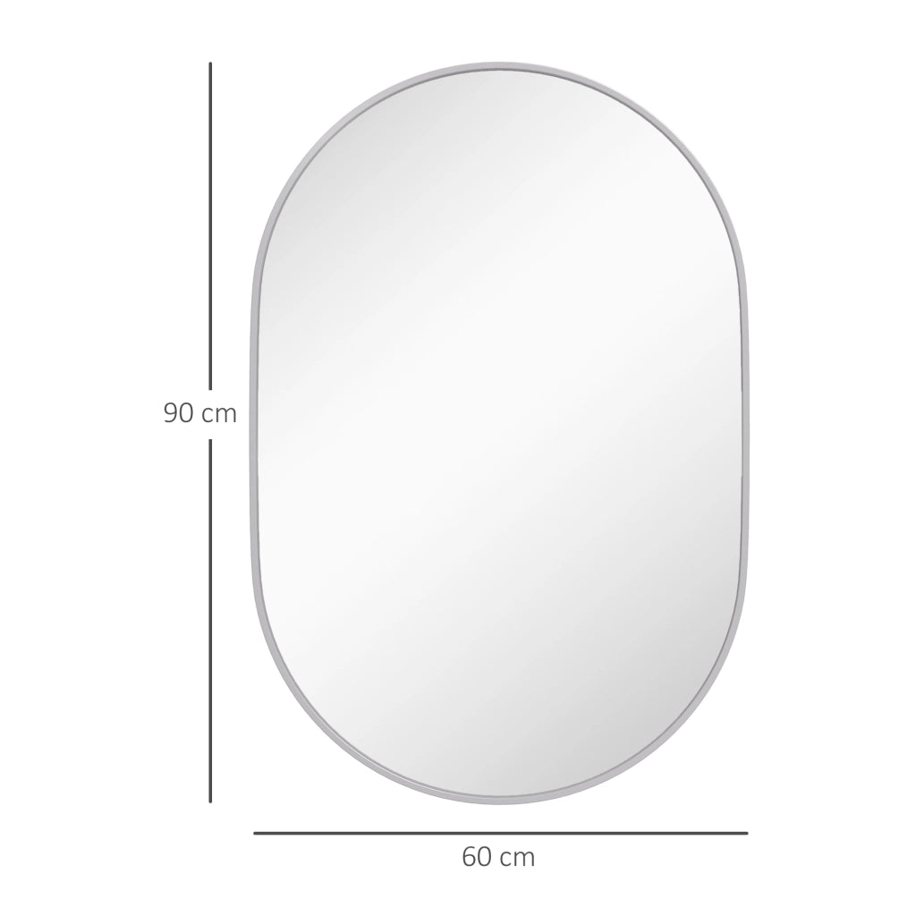 Specchio Bagno Ovale da Parete con Cornice in Alluminio, Verticale o Orizzontale, 60x90 cm, Argento