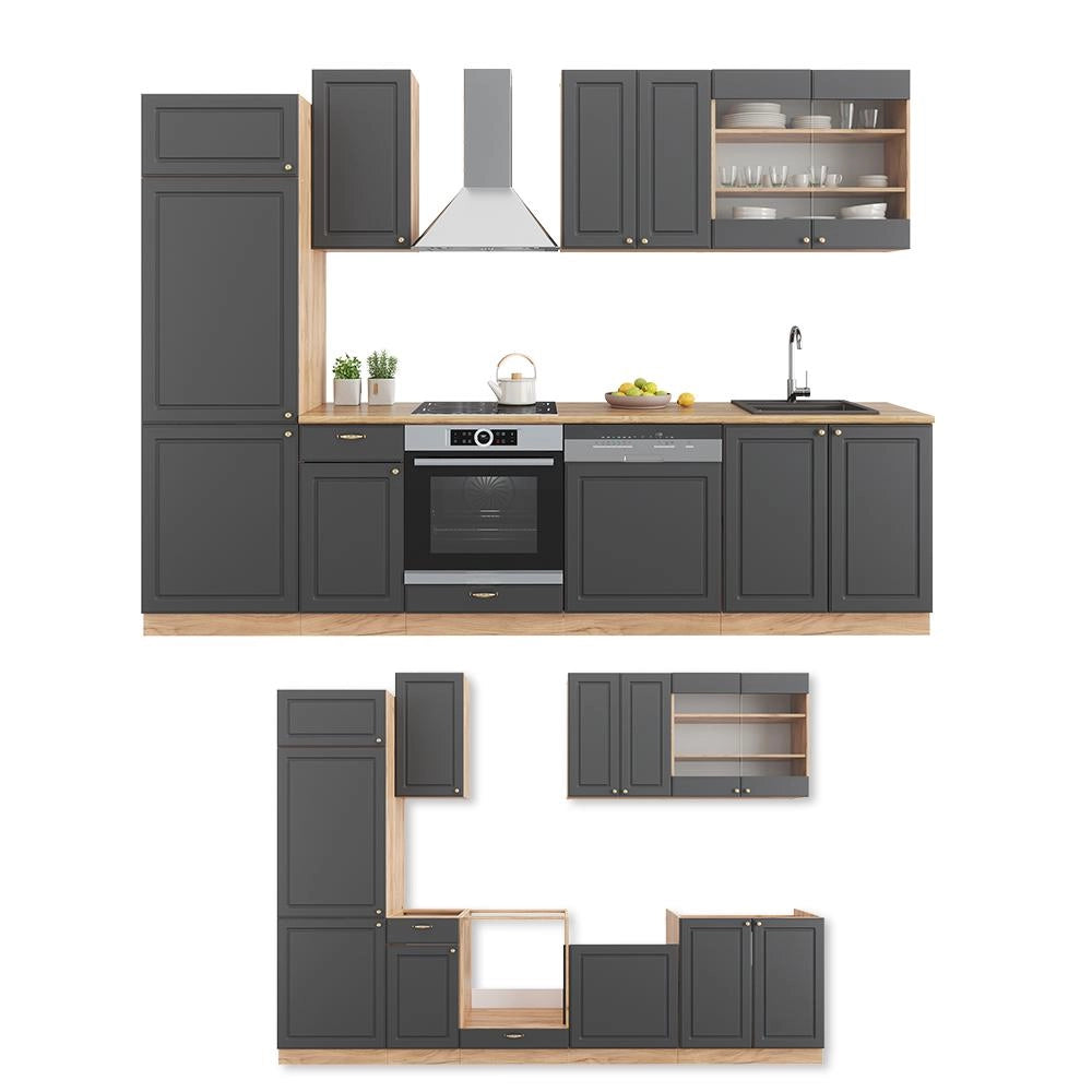 Cucina componibile Fame-Line Antracite rustico/Rovere dorato 300 cm senza piano di lavoro Vicco