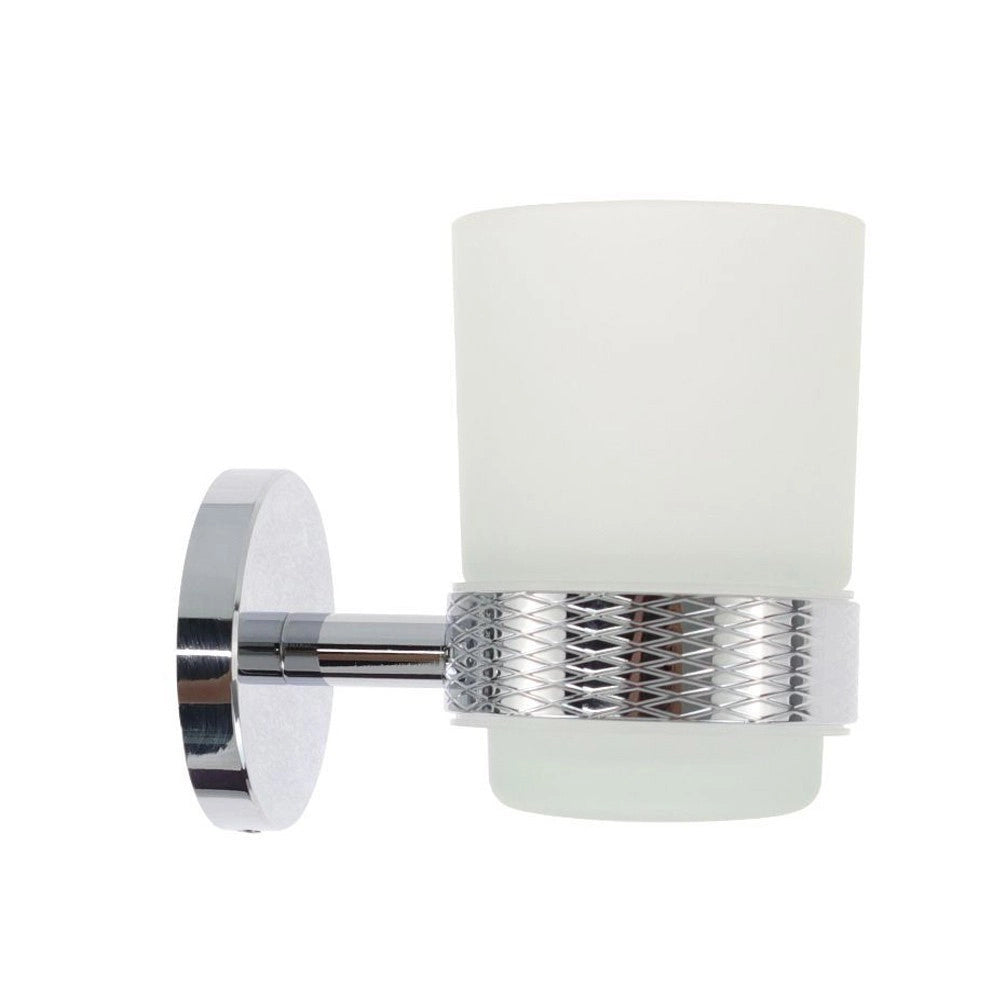 Trade Shop - Porta Spazzolini Da Denti In Acciaio Lucido Con Bicchiere Vetro Satinato Bagno 87917 -