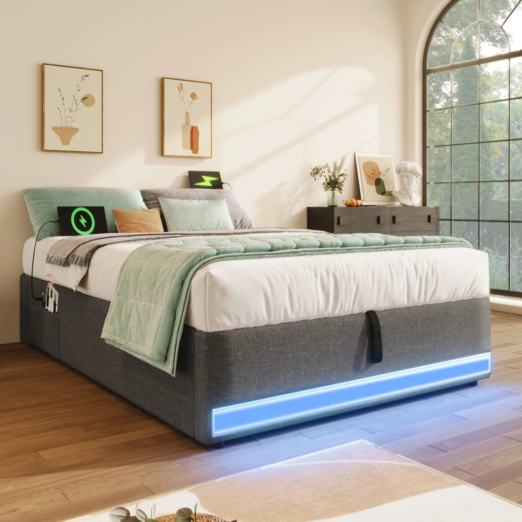 LETTO contenitore 90x200 cm in lino grigio con LED, USB e Type-C