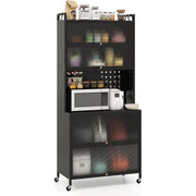 Armadio cucina 6 livelli buffet credenza, Porte ribalta supporto microonde pannello forato ganci Nero