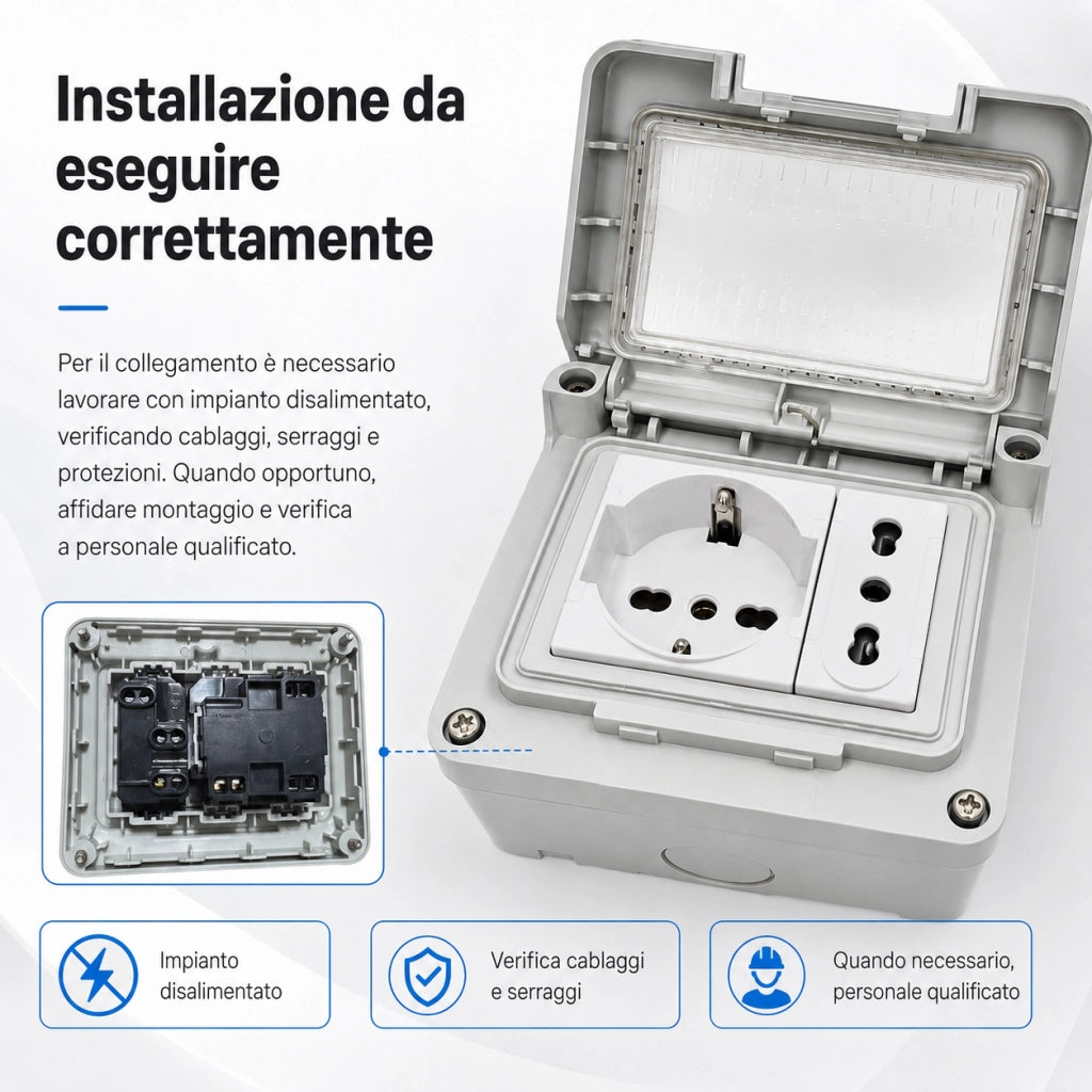 Cassetta Elettrica IP55 con Presa Schuko e Presa Bipasso