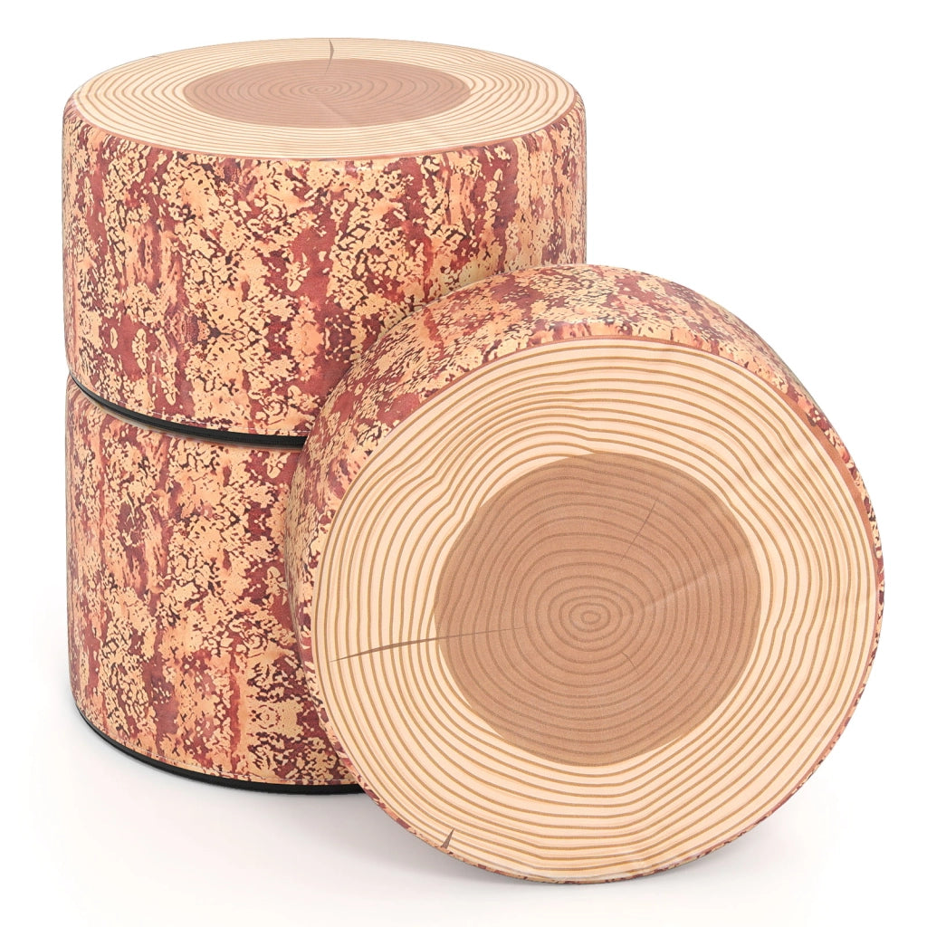 Set 3 sgabelli ceppo albero cuscini pavimento stampa legno altezze diverse-Sgabelli rotondi bambini aula casa asilo  tinta legno scura