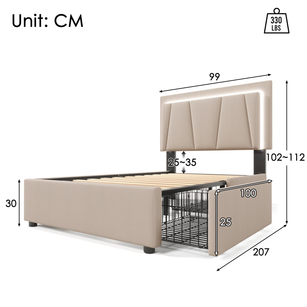 OKWISH Letto Singolo con Cassetti 90×200 cm con LED, 2 Cassetti, Testiera Regolabile e Telecomando, senza Materasso, Beige