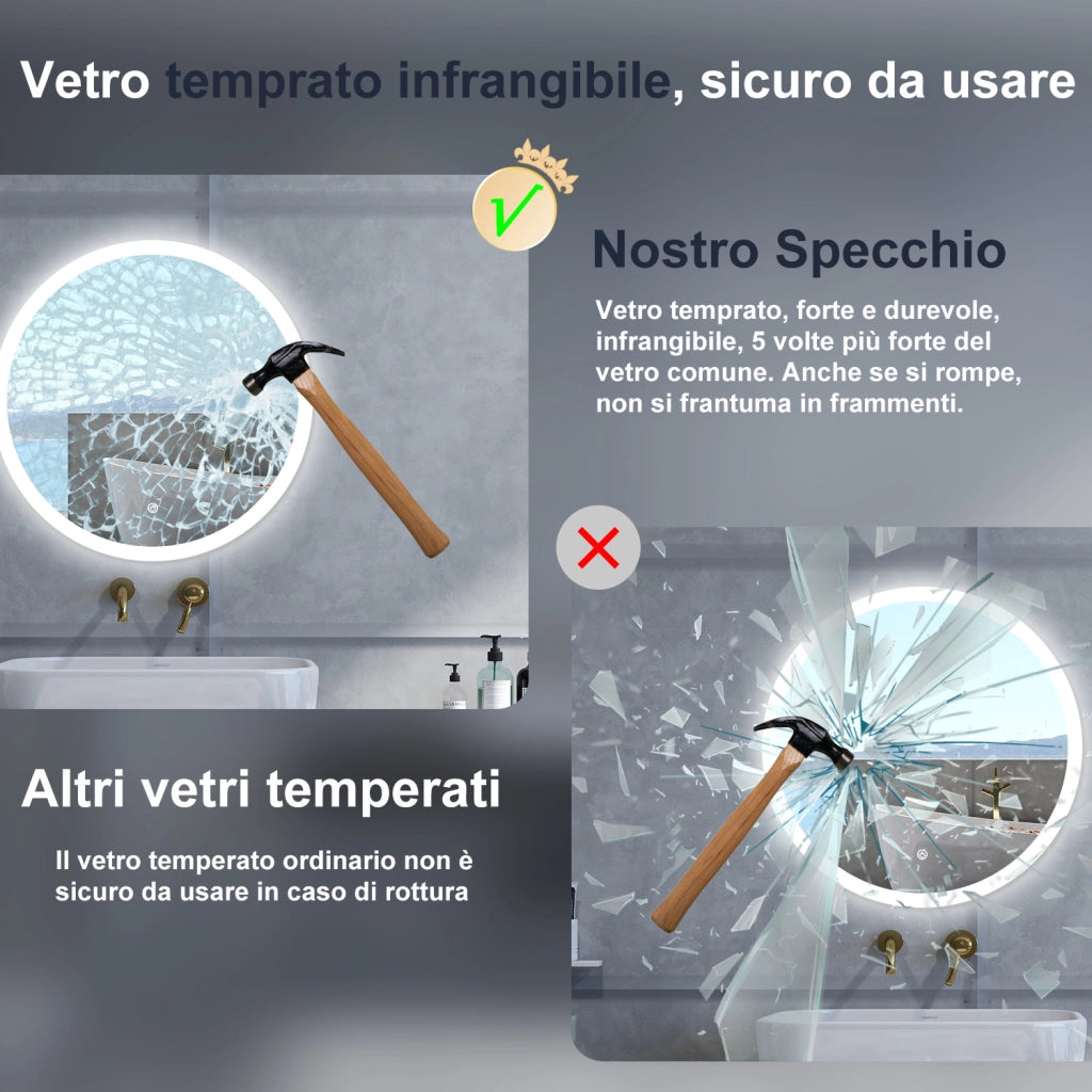 Specchio da bagno Rotondo con 90cm,3 colori,Memoria, Antifog,Regorabile,Retroilluminato,doppio interruttore,