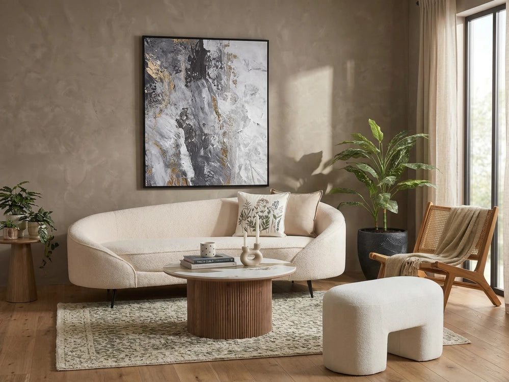 Divano tessuto bouclè beige chiaro glamour curvo in stile retrò a 2 posti con gambe metallo