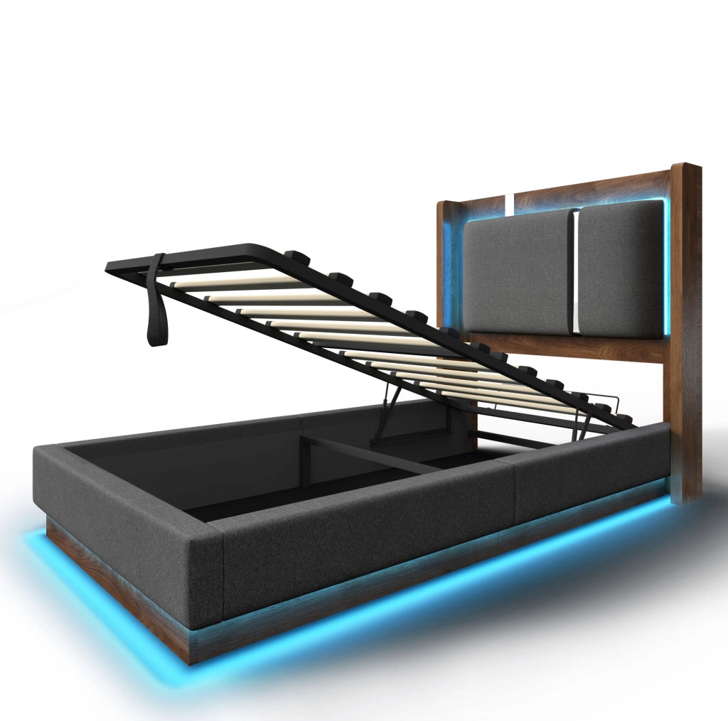 Letto imbottito 90x200 con LED, vano contenitore e rete a doghe