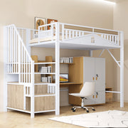 Letto a soppalco in metallo con scala contenitore; protezione a finestra e spazio sotto il letto; bianco; 90x200 cm; senza materasso