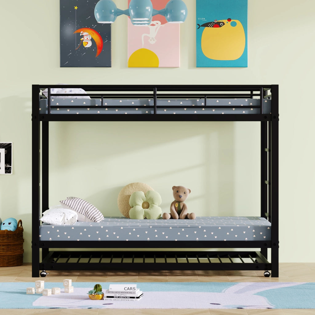 Letto a castello in metallo con letto estraibile; sponde alte e doghe; certificato EN747; nero; 90x200 cm