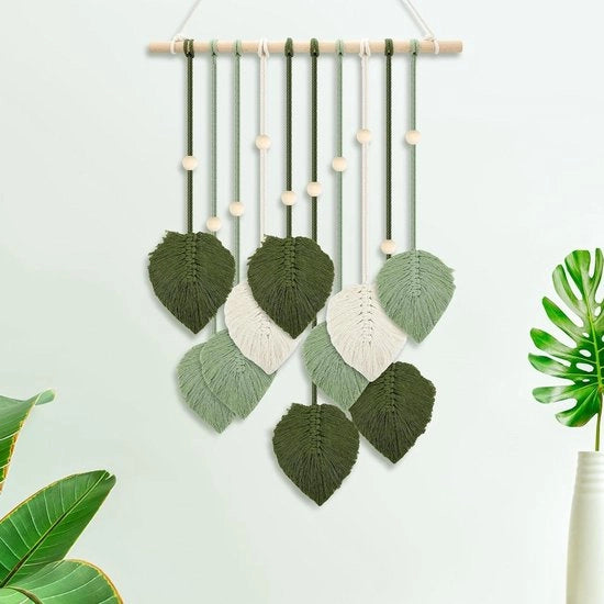 Tessuto da parete boho - tappeto da parete intrecciato con foglia e piuma - decorazione per parete