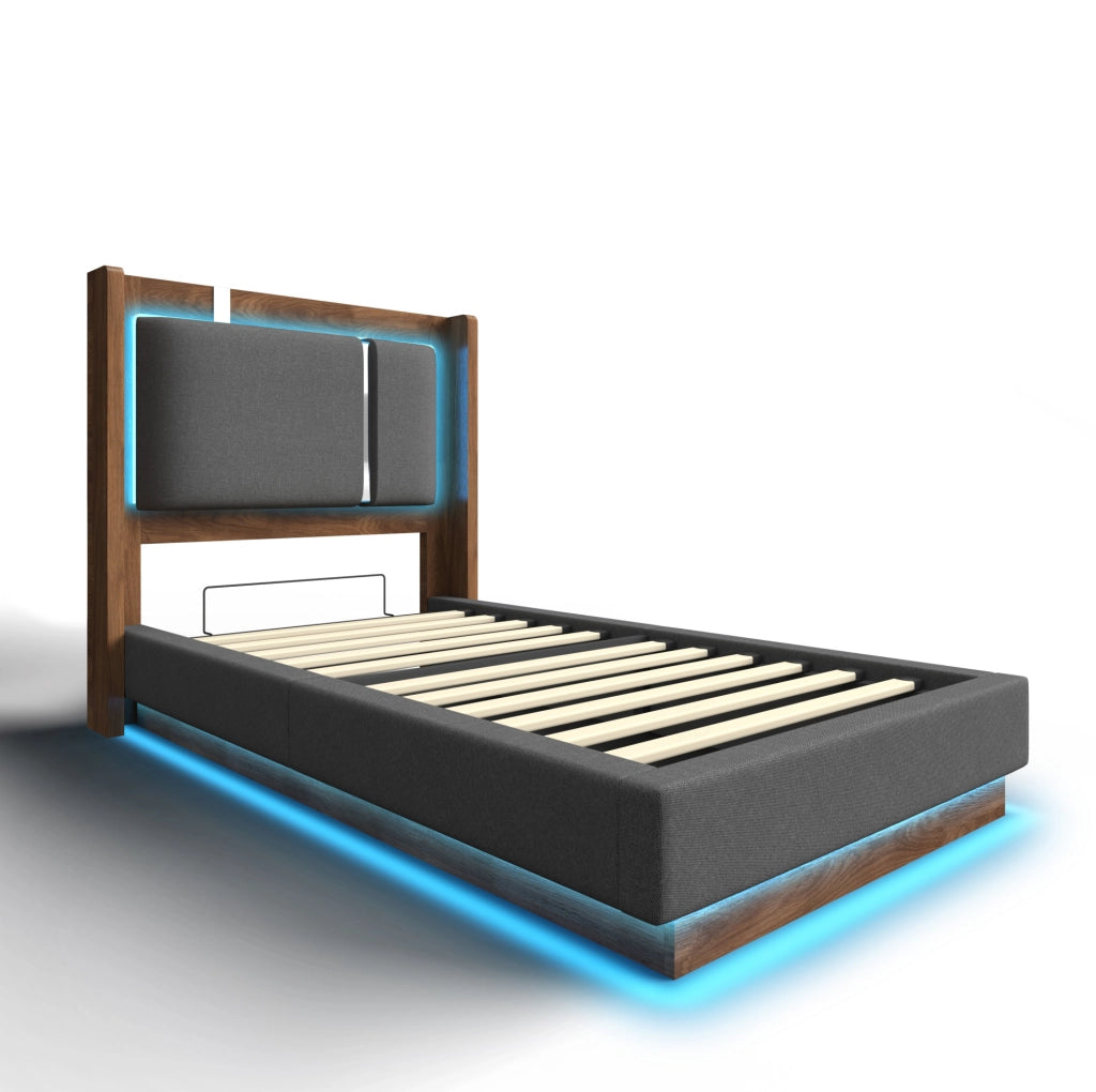 Letto imbottito 90x200 con LED, vano contenitore e rete a doghe