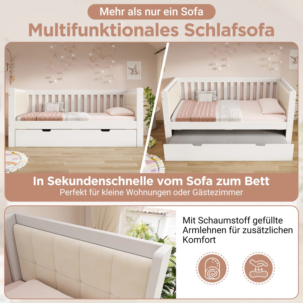 DESMIU Divano letto 90 × 200 cm e 90 × 190 cm 1 posto con letto estraibile, senza materasso, in legno, bianco
