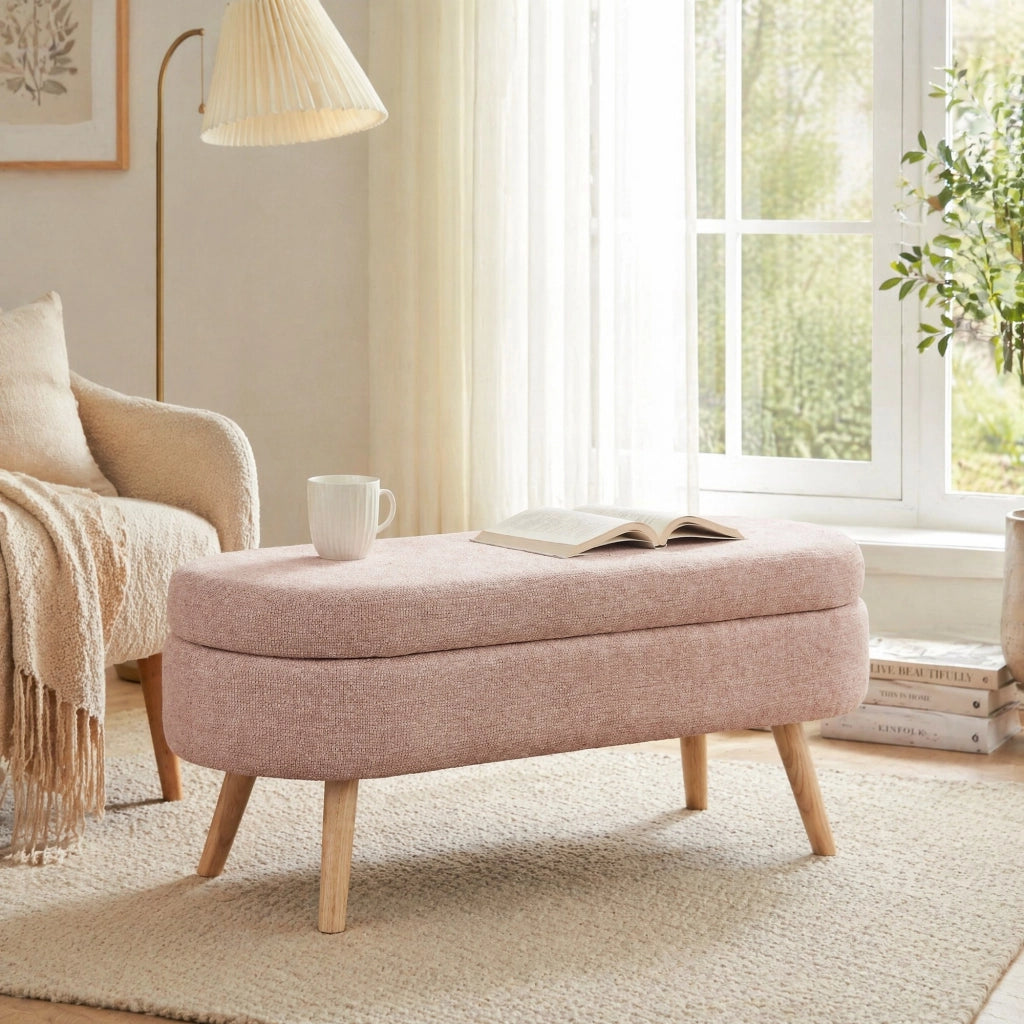 Panca contenitore 110 cm in velluto rosa, seduta imbottita salvaspazio con struttura in MDF e fori di ventilazione