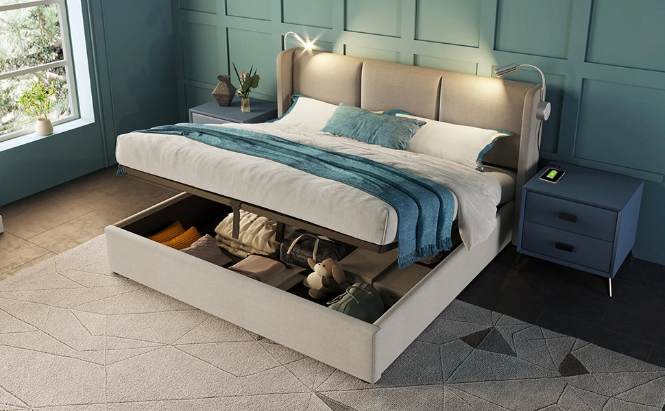 Letto matrimoniale 180 × 200 cm con luce da lettura, porte USB e contenitore idraulico, senza materasso, beige