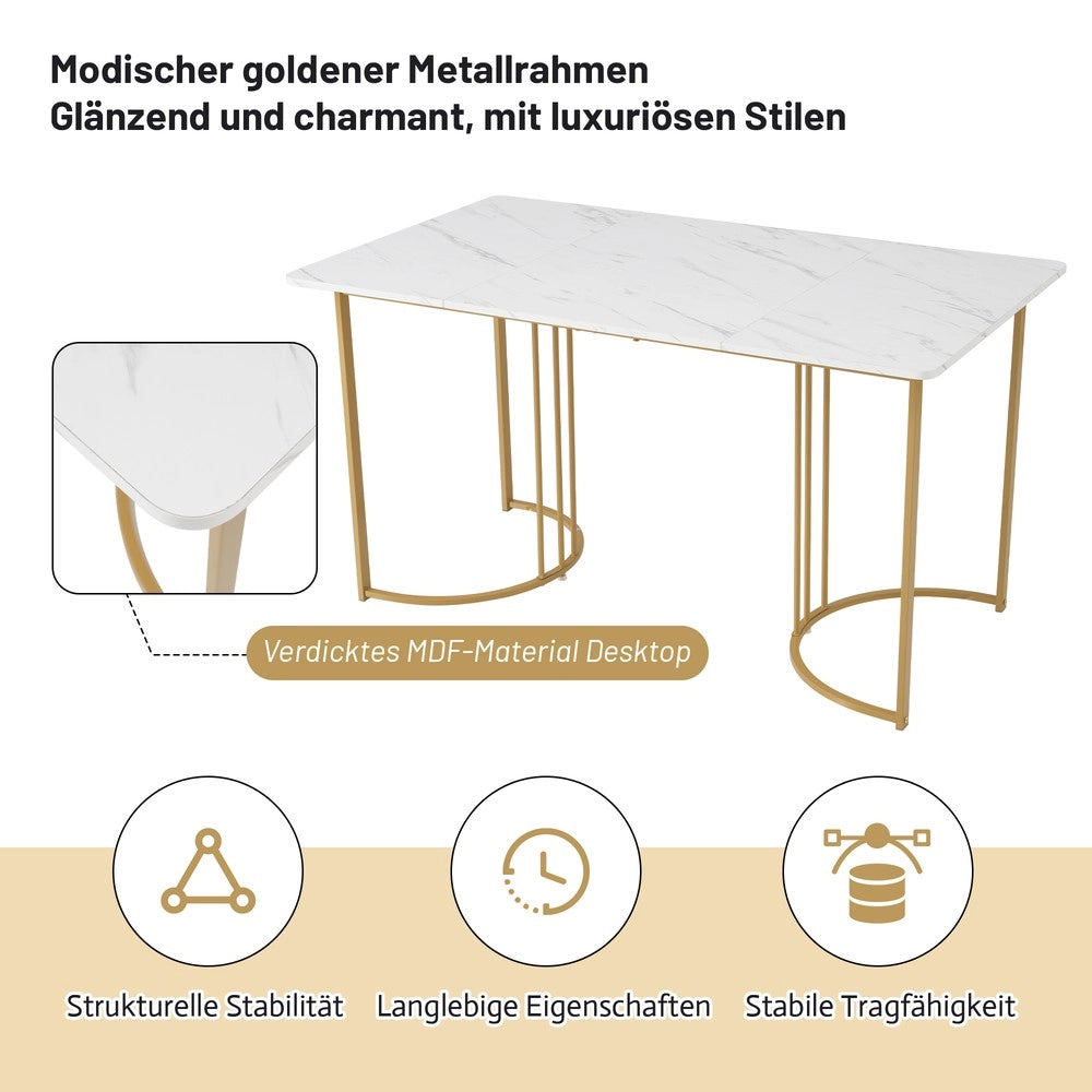 Set Tavolo da Pranzo con 4 Sedie ¨C Xylo ¨C Piano MDF Bianco, Gambe Dorate, Velluto Beige, 140x80 cm