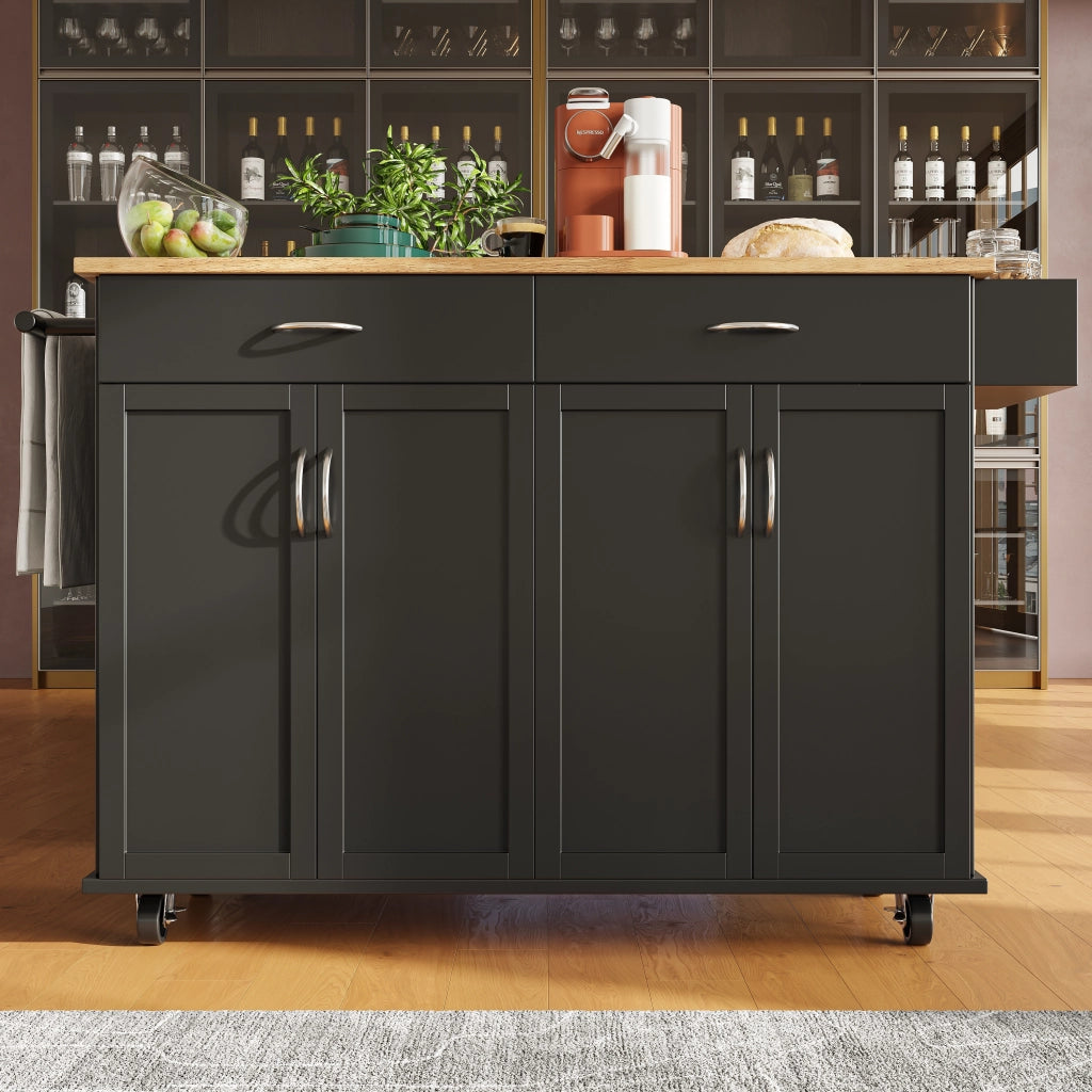 OKWISH Carrello da cucina con 2 cassetti, piano ribaltabile, portaasciugamani e ruote, MDF, 106 x 50 x 90.5 cm, nero