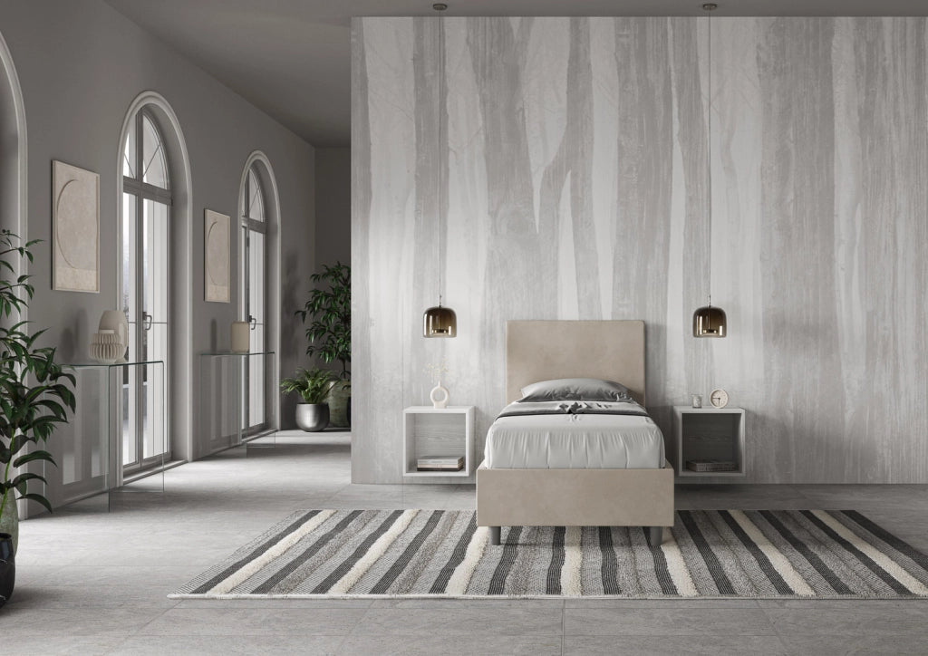BS COM Letto singolo con rete imbottito 80x200 microfibra sabbia