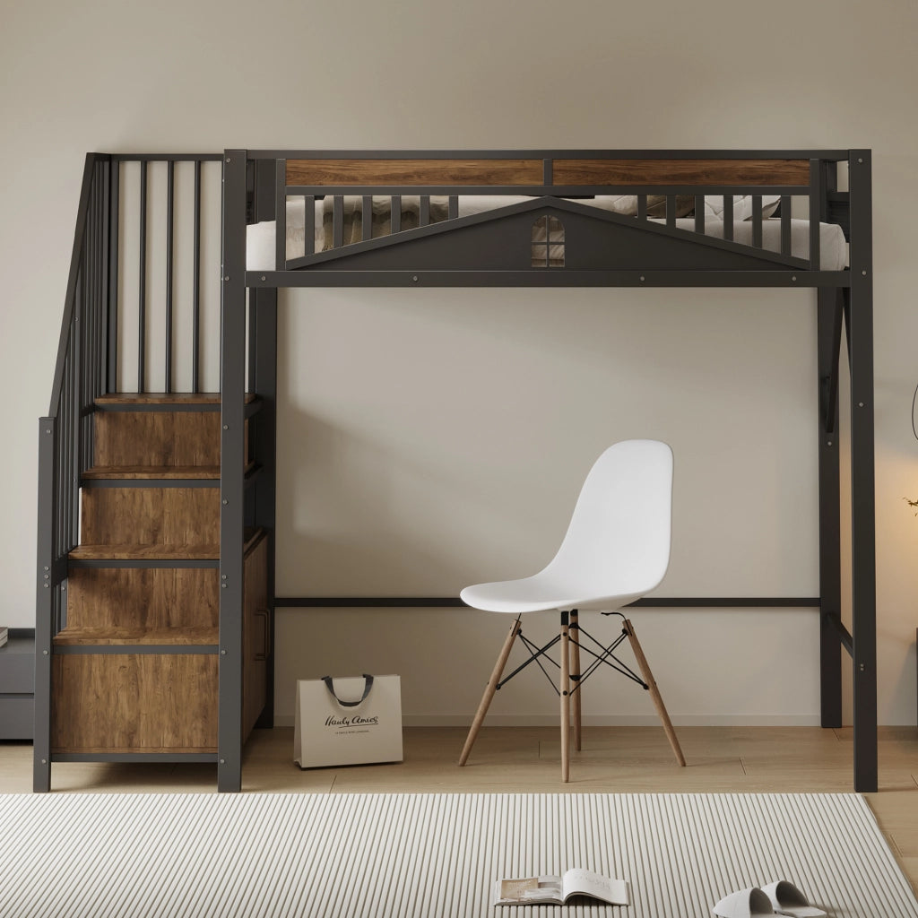 Letto a soppalco in metallo con scala contenitore; protezione a finestra e spazio sotto il letto; nero; 90x200 cm; senza materasso