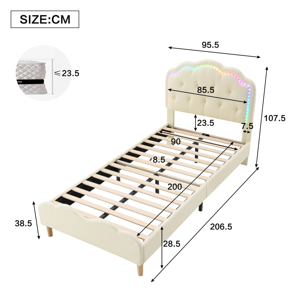 LETTO Polsterato 90x200 cm PU Beige con testiera ondulata e LED