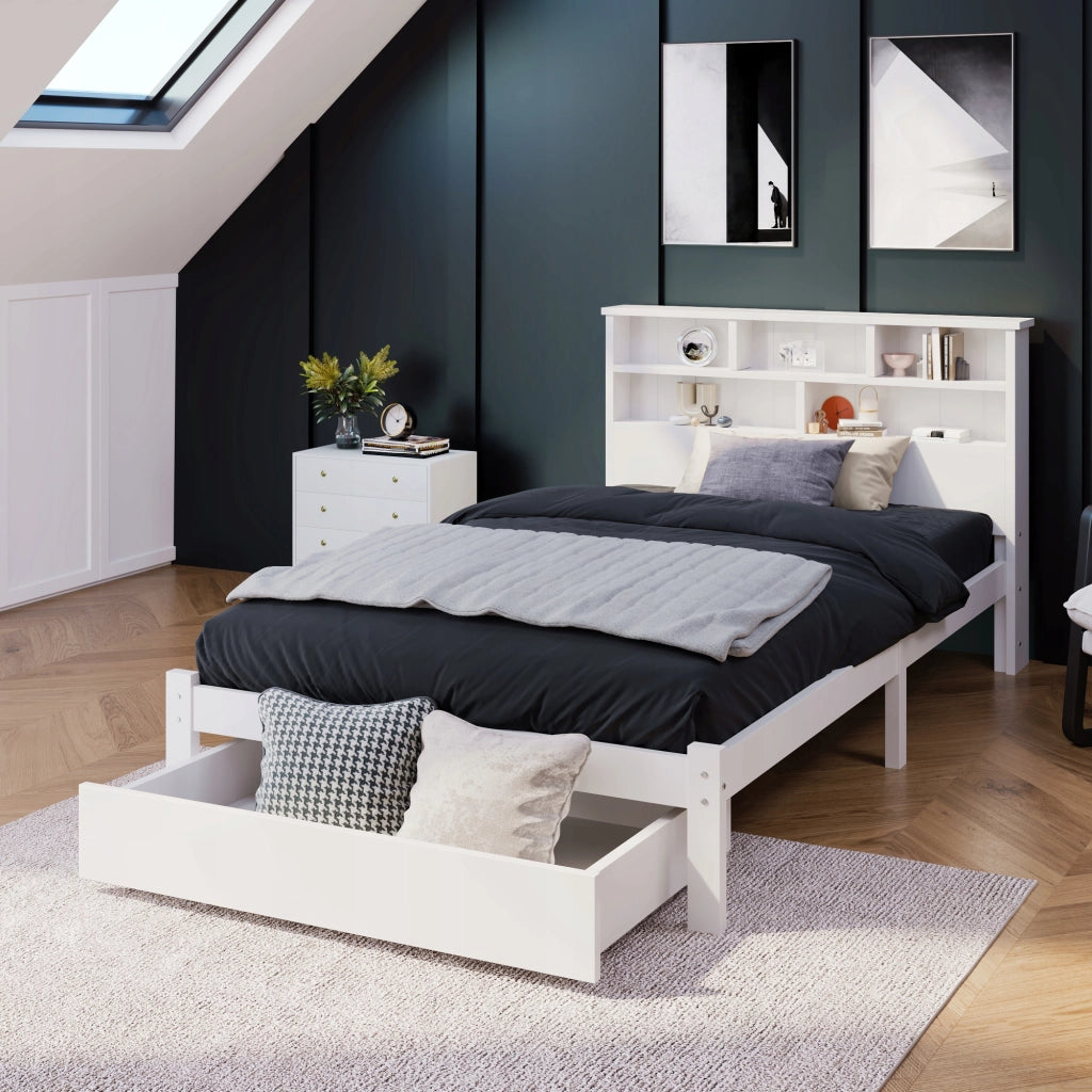 Letto a castello per bambini - Xylo - 90x200cm - Bianco - Con cassetti e scaffale per libri
