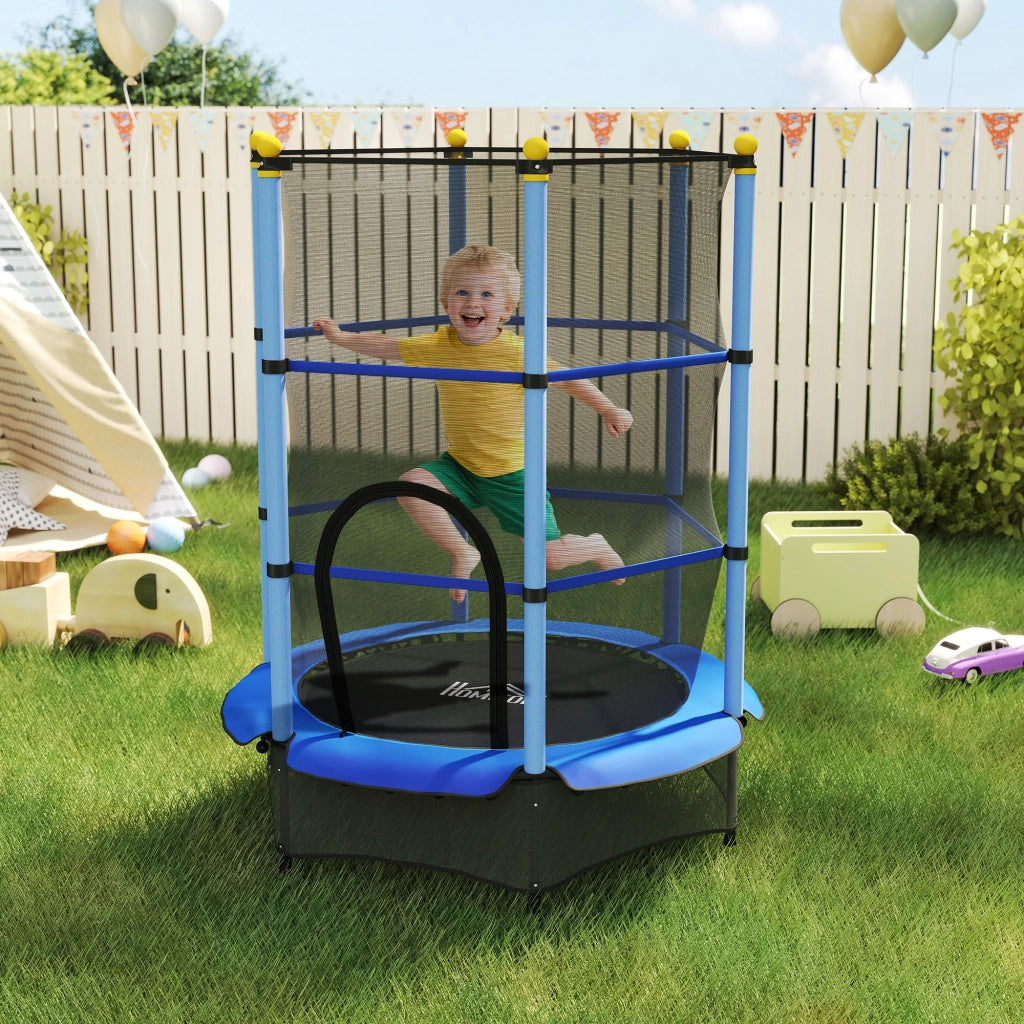 Tappeto Elastico per Bambini con Rete di Sicurezza e Pali Imbottiti Et¨¤ 3-10 Anni, ?140 x 190 cm, Blu