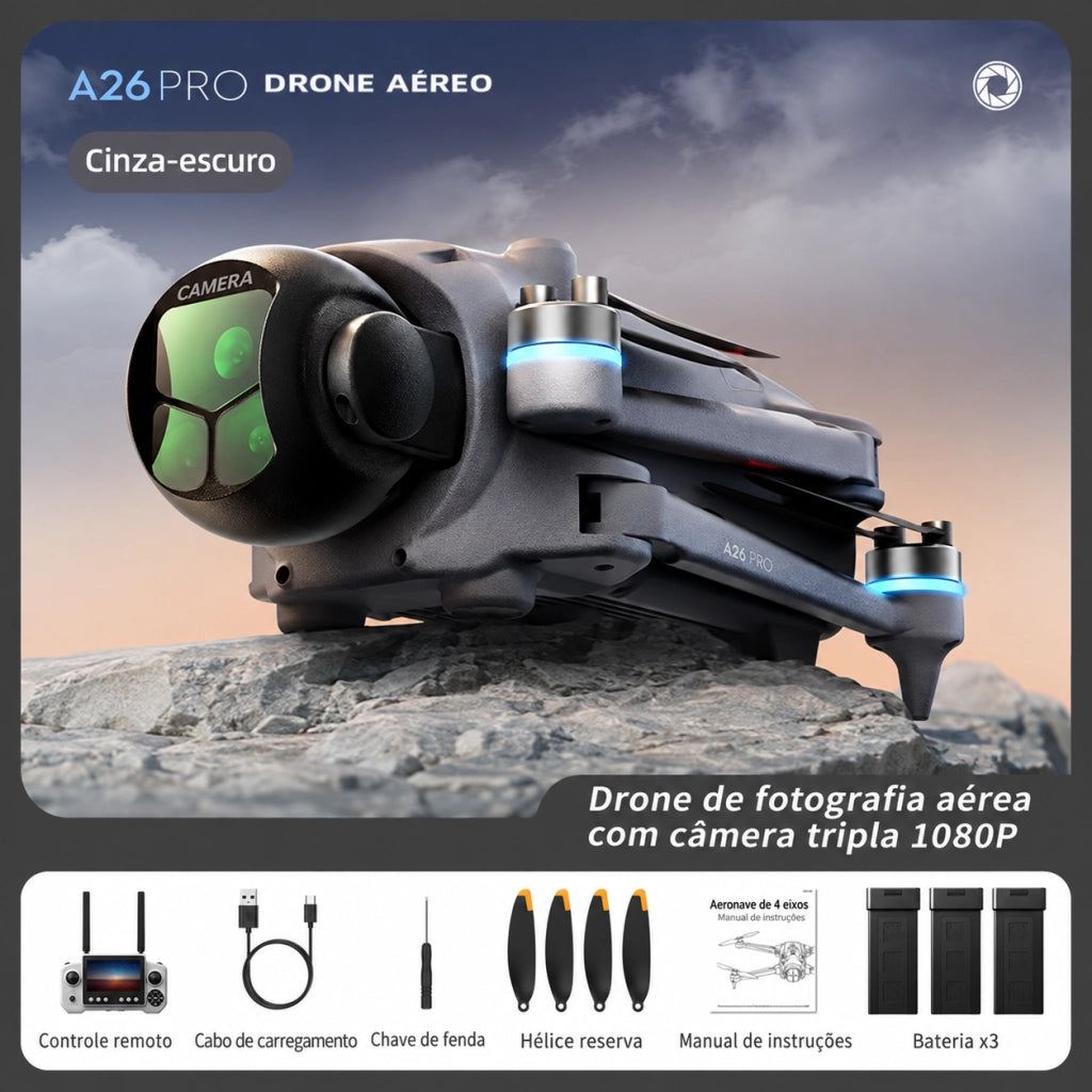 Drone pieghevole con telecamera A26PRO 1080P GPS 3 batterie 3.7V 2650mAh 60-66 min obiettivo 180 gradi evitatore ostacoli 248g 1000 m schermo 4.5 5V2A
