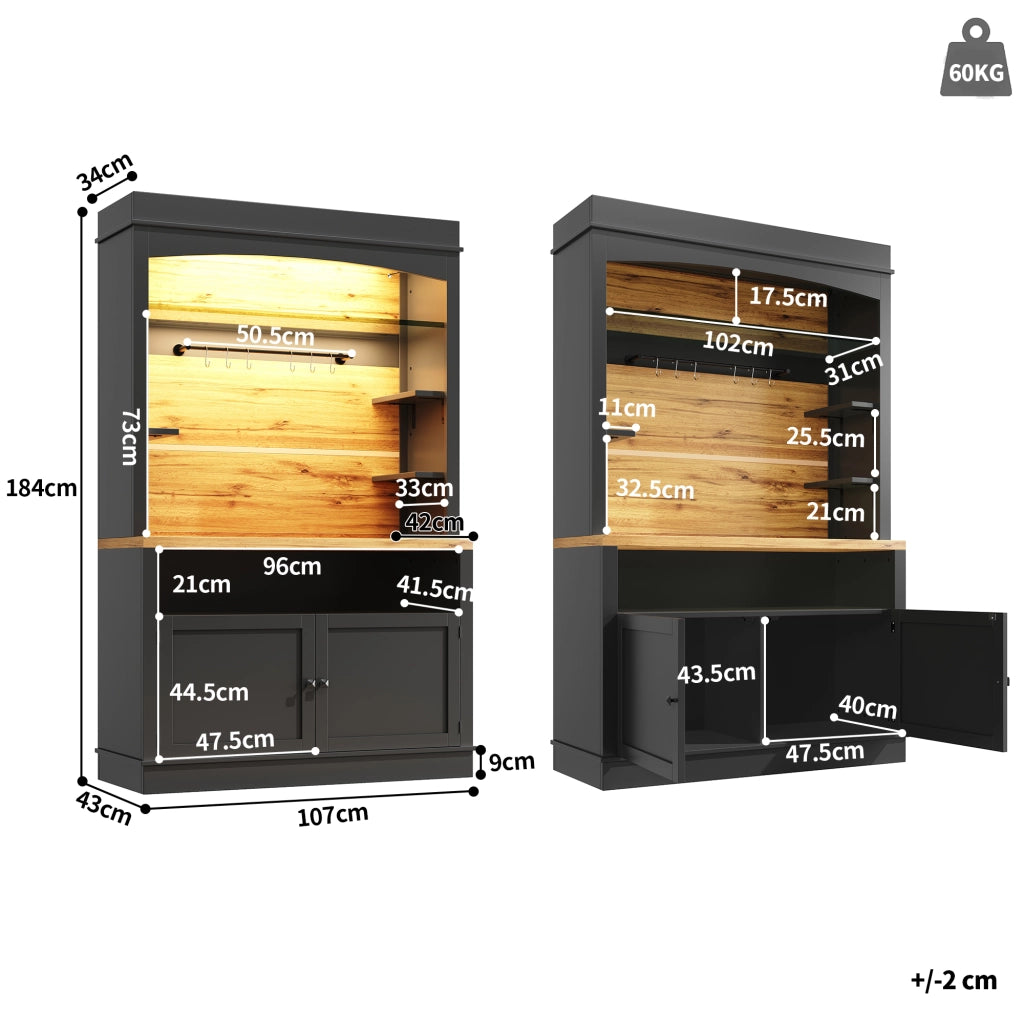 Credenza Alta con Ripiani Aperti e LED ¨C MINIMAL ¨C Nero 107x43x184 cm