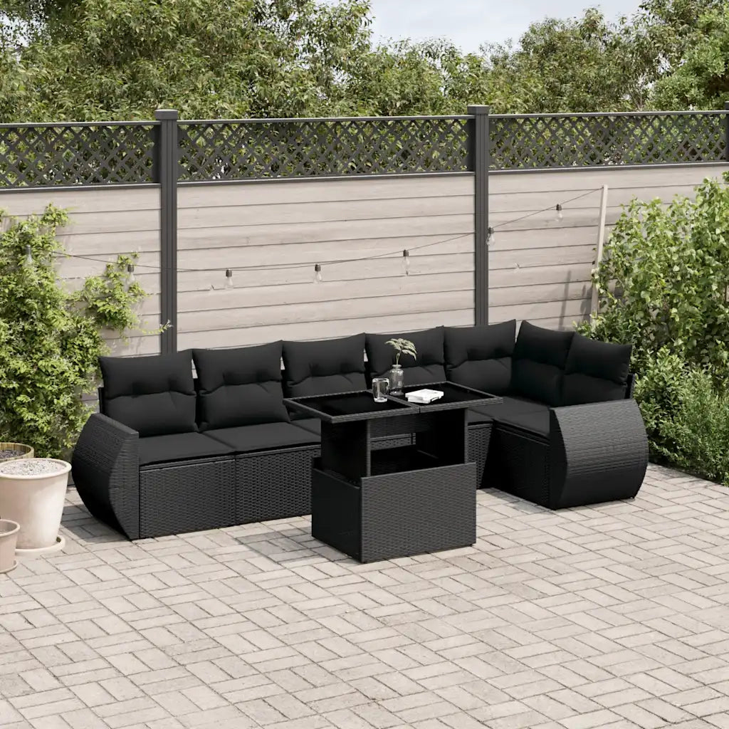 Set Divani da Giardino con Cuscini 7pz Nero Polyrattan