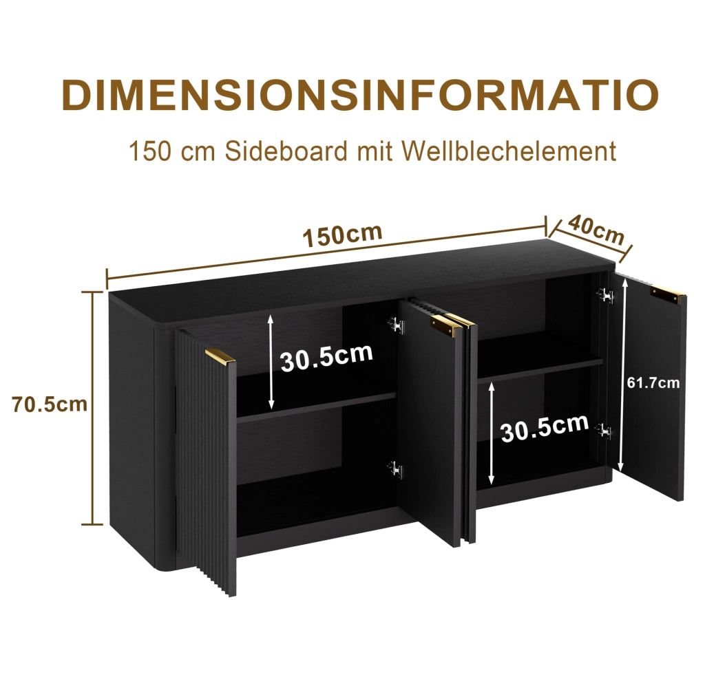 Credenza moderna 150 cm con 4 ante; design ondulato; in MDF nero