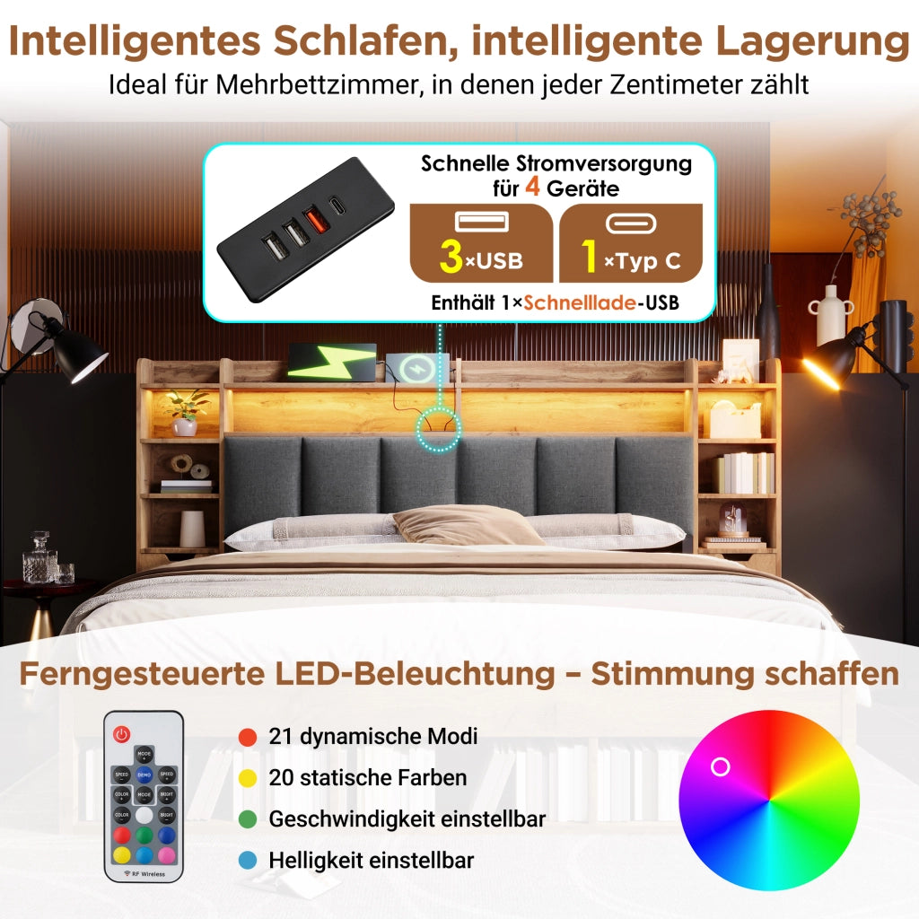DESMIU Litto Combinato 160 × 200 cm 2 posti con LED, USB, Type-C, vano contenitore e cassetti, senza materasso, in legno, rovere