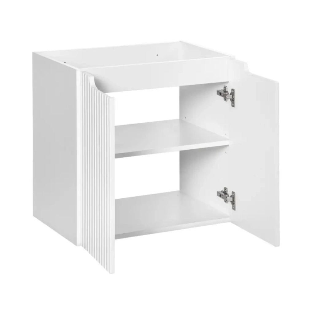 Set VANO bianco 170cm: mobili sotto lavabo con nicchie visibili a cassetti e armadietti + due lavabi da appoggio + colonna