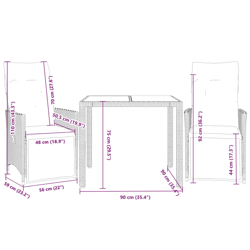 Set da Bistrò 3 pz con Cuscini Nero in Polyrattan 3276863
