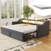 Divano letto imbottito estraibile 90/180x190 cm con LED; USB e 2 materassi; grigio scuro