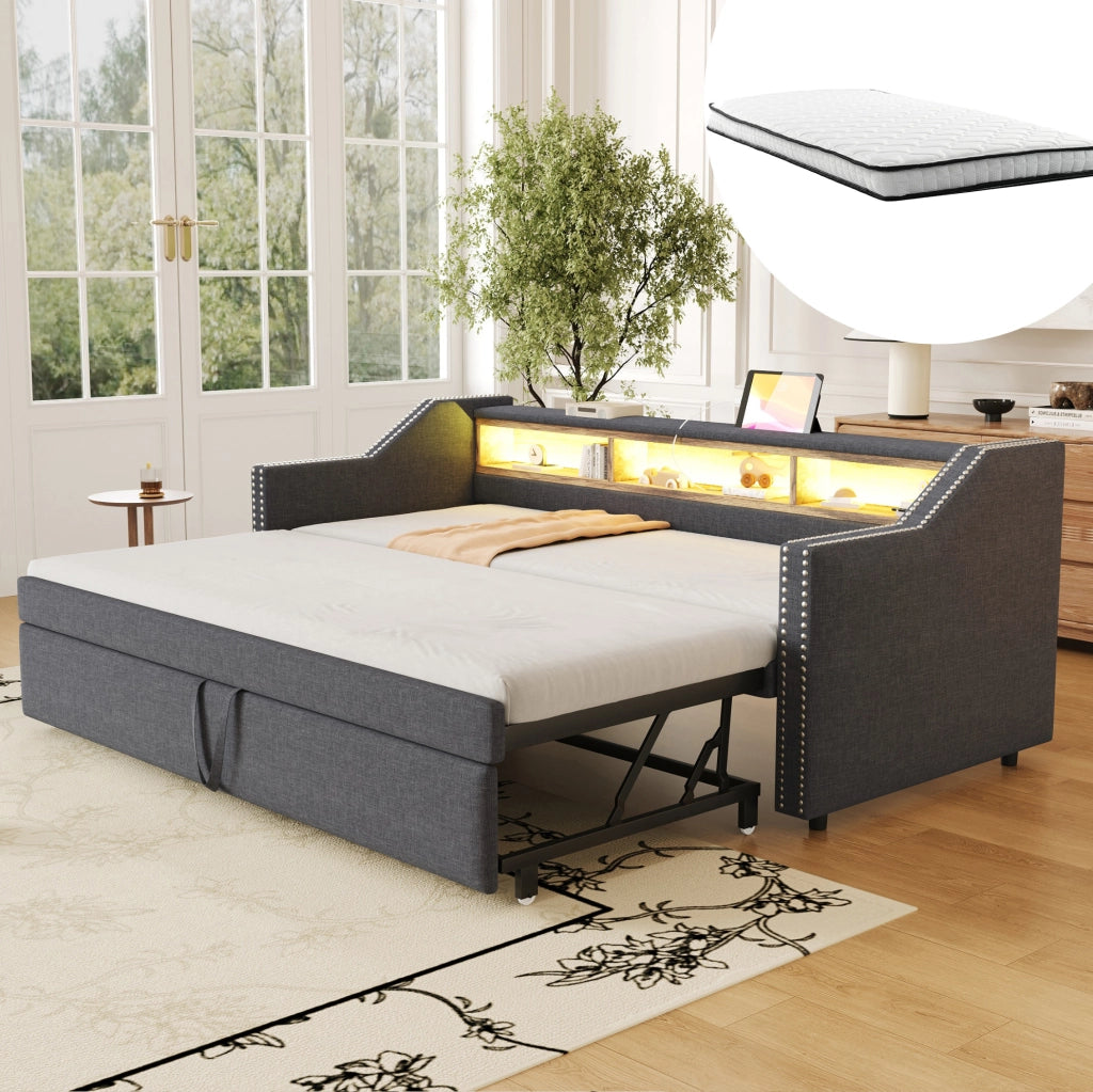 Divano letto imbottito estraibile 90/180x190 cm con LED; USB e 2 materassi; grigio scuro