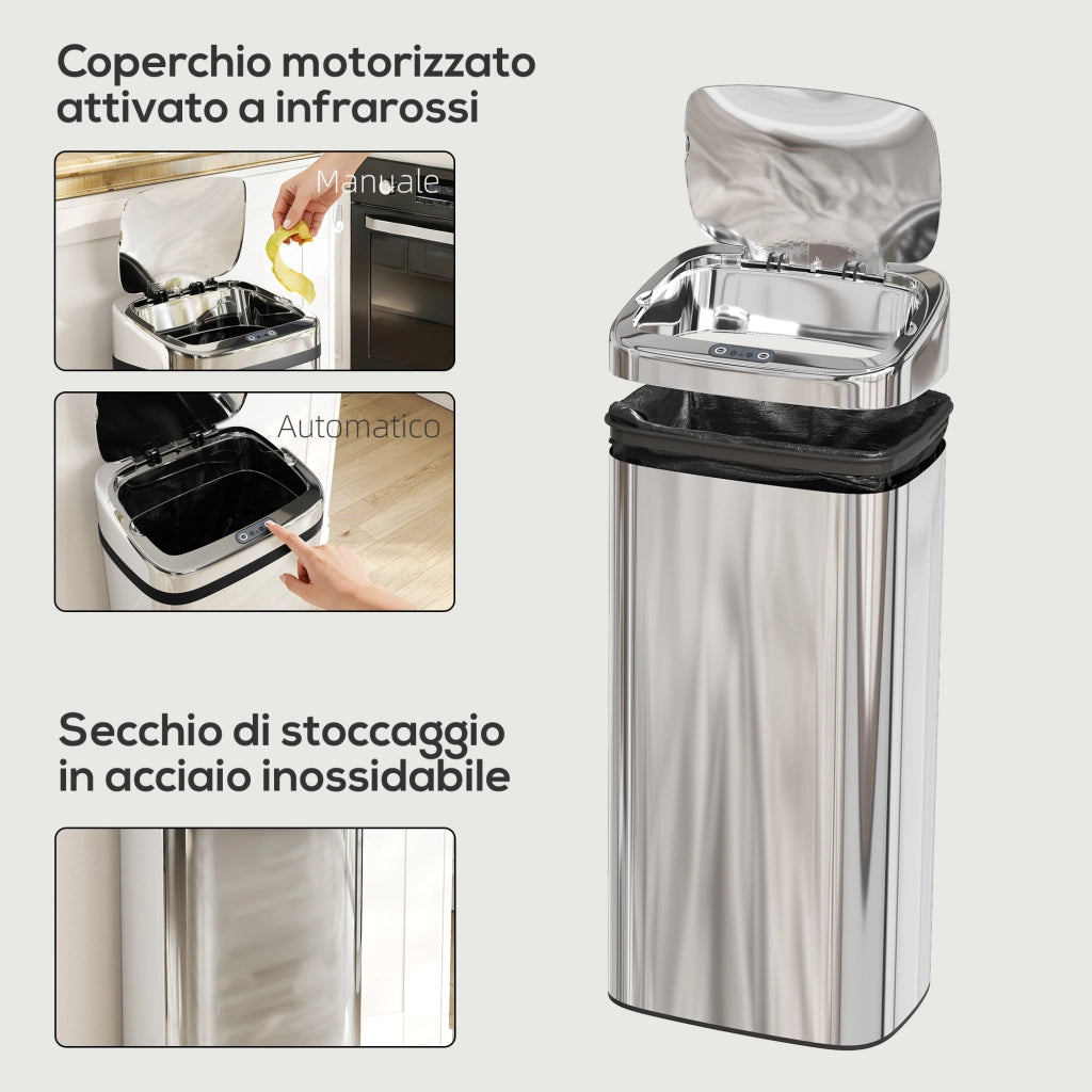 Bidone per Rifiuti da 40L con Sensore per Apertura e Chiusura Automatica, 33x25x70 cm, Argento